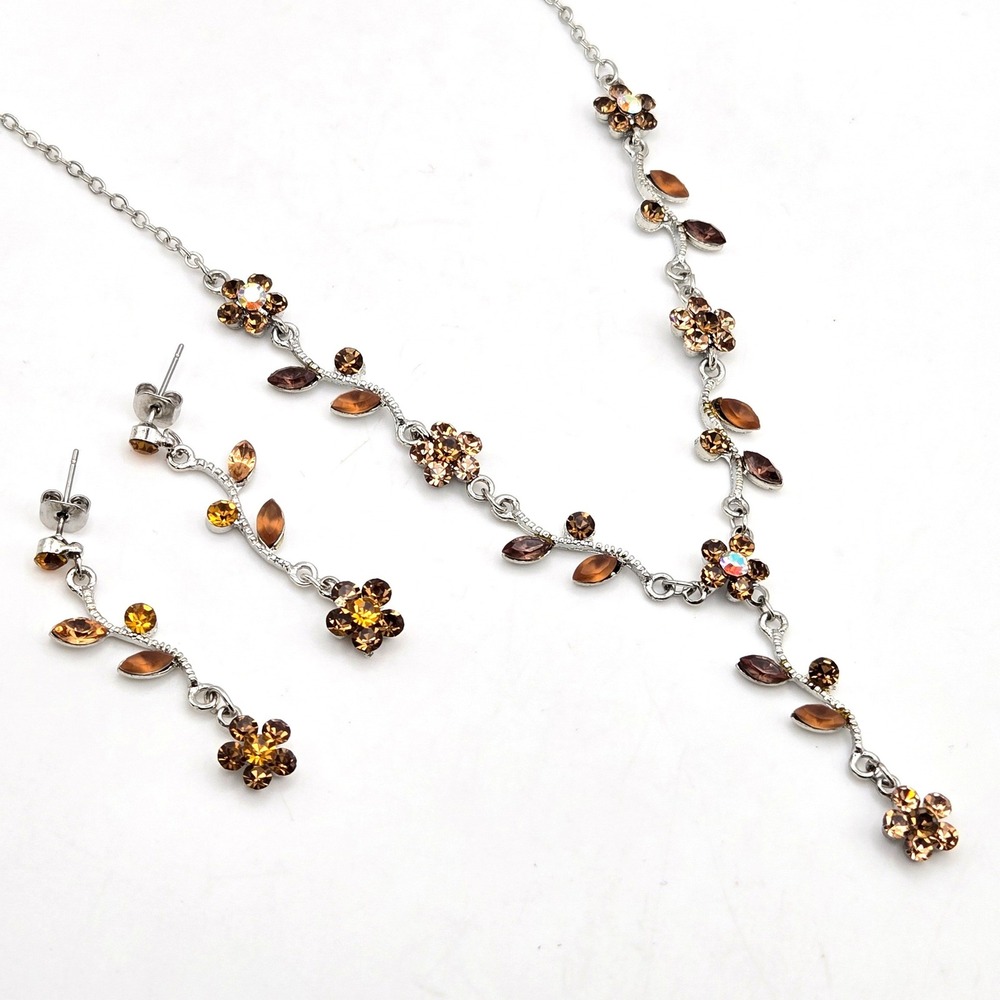 Silver Tone Brown Amber Rhinestone Floral Vine Y-Drop Necklace and Earring Set
